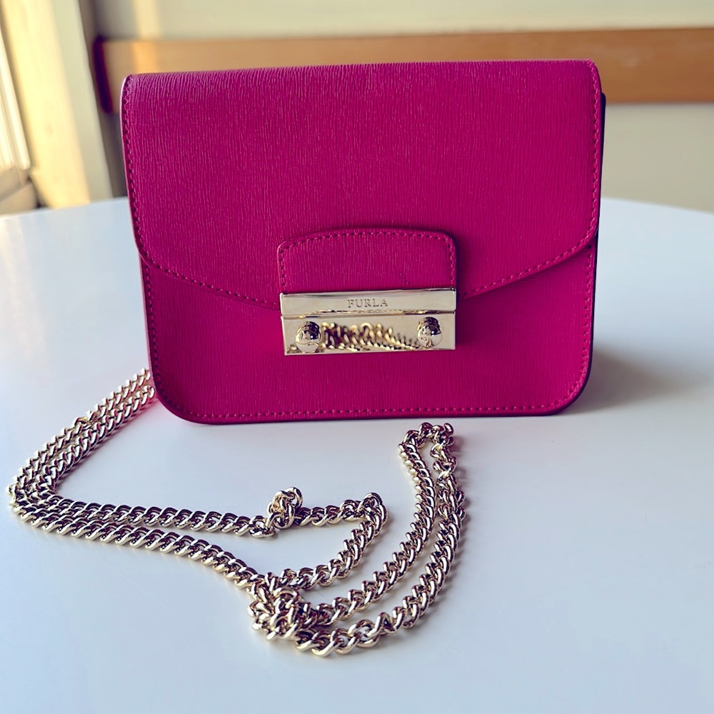 Pink leather Furla mini bag on gold chain